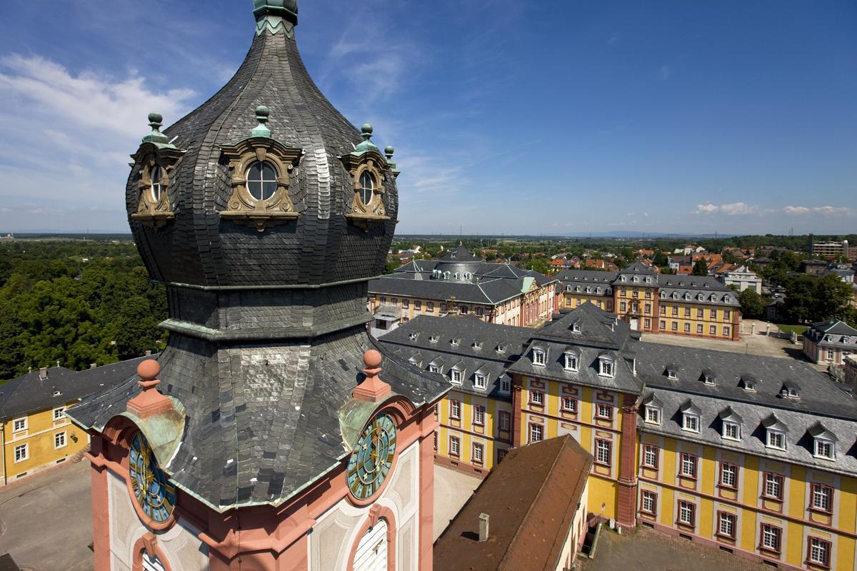 Aerial view of Bruchsal Palace with the cupola of the palace church in the foreground