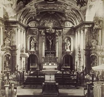 Historic interior with a view of the choir in the palace church of Bruchsal Palace, photo circa 1870