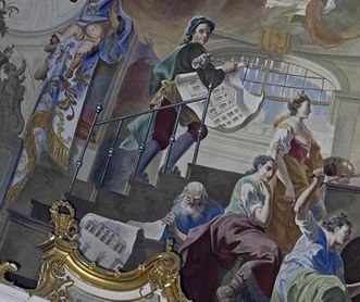 Ausschnitt aus dem Deckengemälde von Johann Zick im Kuppelsaal von Schloss Bruchsal, 1752