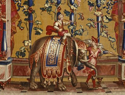 Schloss Bruchsal, Detail Tapisserie „Elefantentreiber“ aus der Grotesken-Serie, Beauvais, 1685-1719