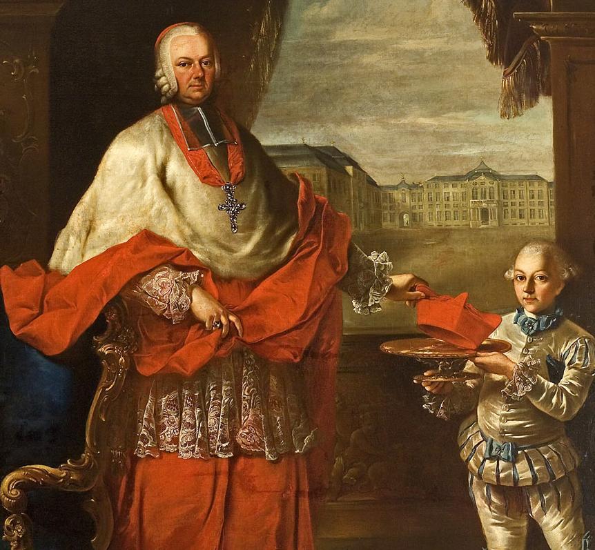 Bildnis des Fürstbischofs Franz Christoph Hutten mit Schloss Bruchsal im Hintergrund von Nicolas Treu, nach 1761