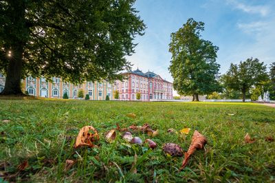 Schloss Bruchsal, Außenaufnahme, in Vordergrund ist etwas Herbstlaub zu sehen