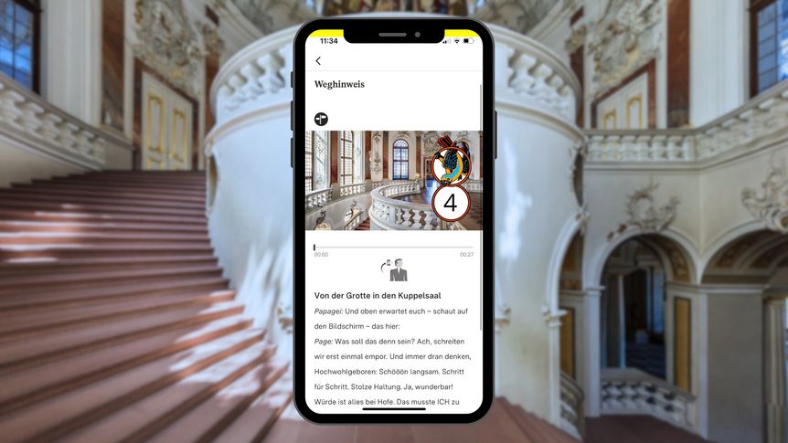 Schloss Bruchsal, Kuppelsaal, App Monument BW, Smartphone mit Ansicht der Kindertour