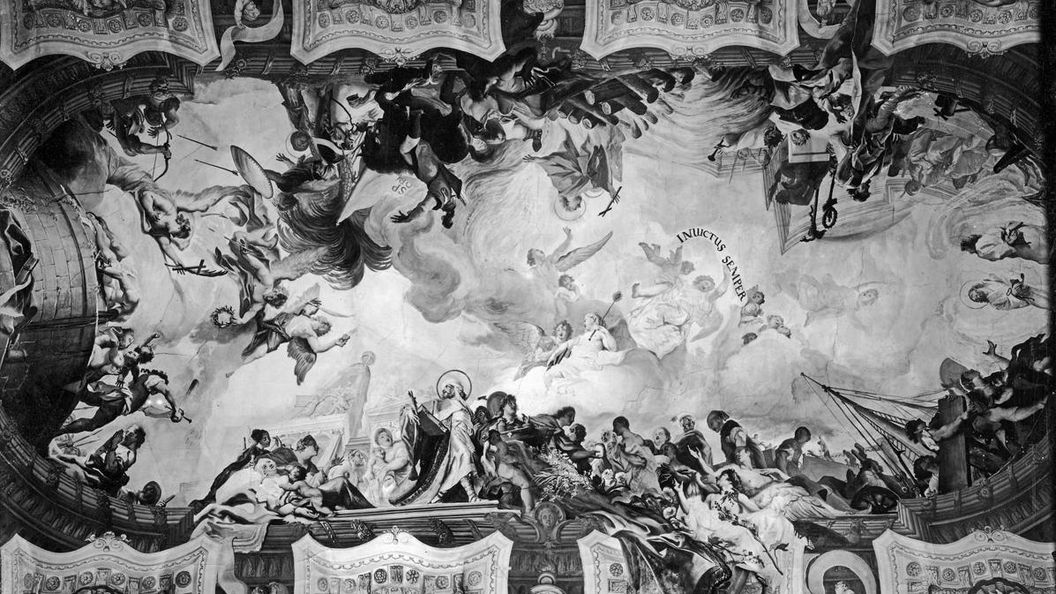 Historical photograph of the ceiling painting by Cosmas Damian Asam in Bruchsal Palace church