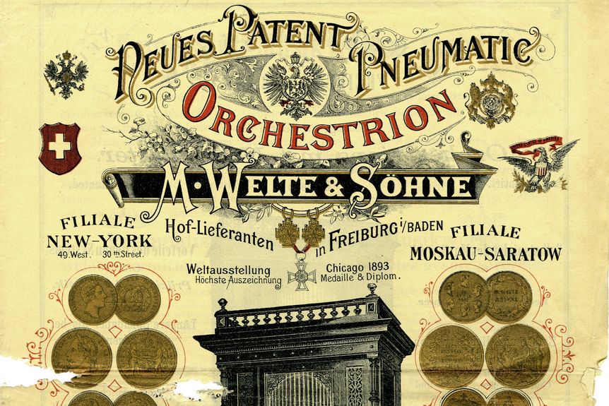 Werbeblatt „Cottage-Orchestrion No.1“ - „Neues Patent Pneumatic Orchestrion – M. Welte & Söhne“, um 1893. Archiv DMM. 