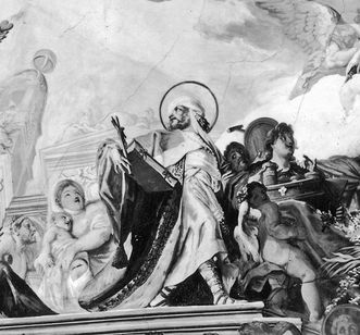 Detail from the historical photograph of the ceiling painting by Cosmas Damian Asam in Bruchsal Palace church