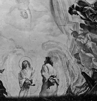 Detail from the historical photograph of the ceiling painting by Cosmas Damian Asam in Bruchsal Palace church