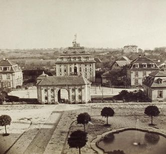 View of the courtyard of Bruchsal Palace with gate guardhouse and solicitors' building, circa 1870